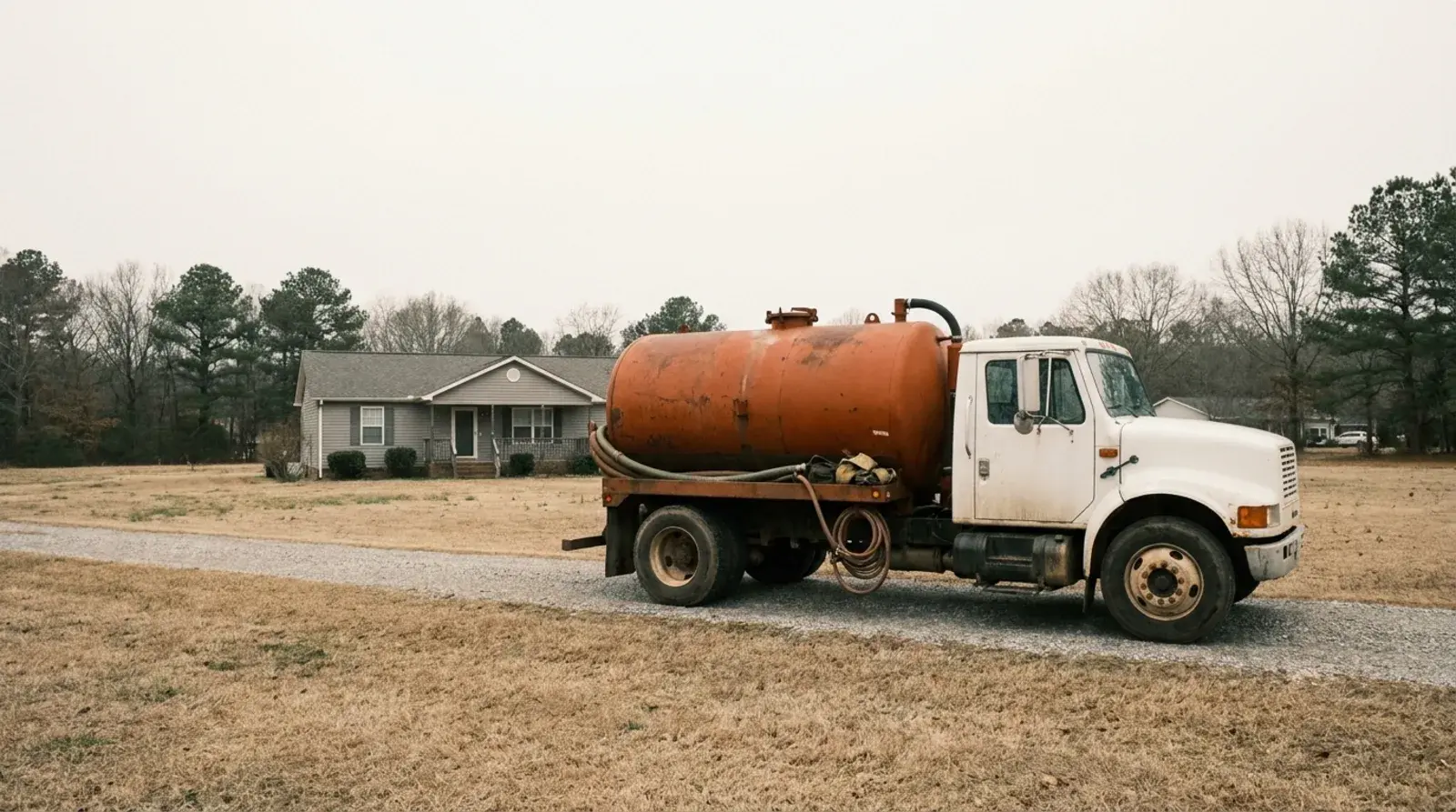 An unmarked septic vacuum truck parked on the gravel drive of a rural house