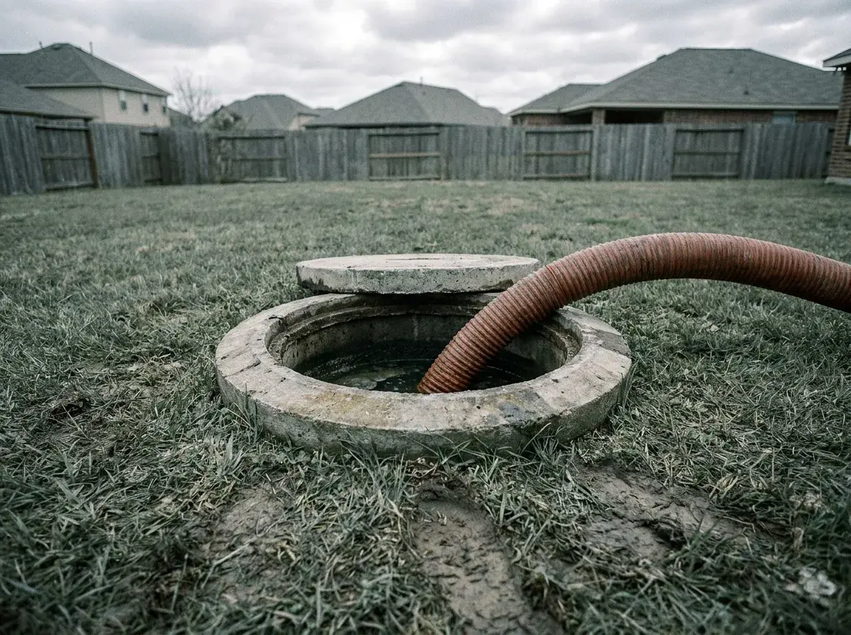 An open concrete septic tank lid in a back lawn with a suction hose fed into it