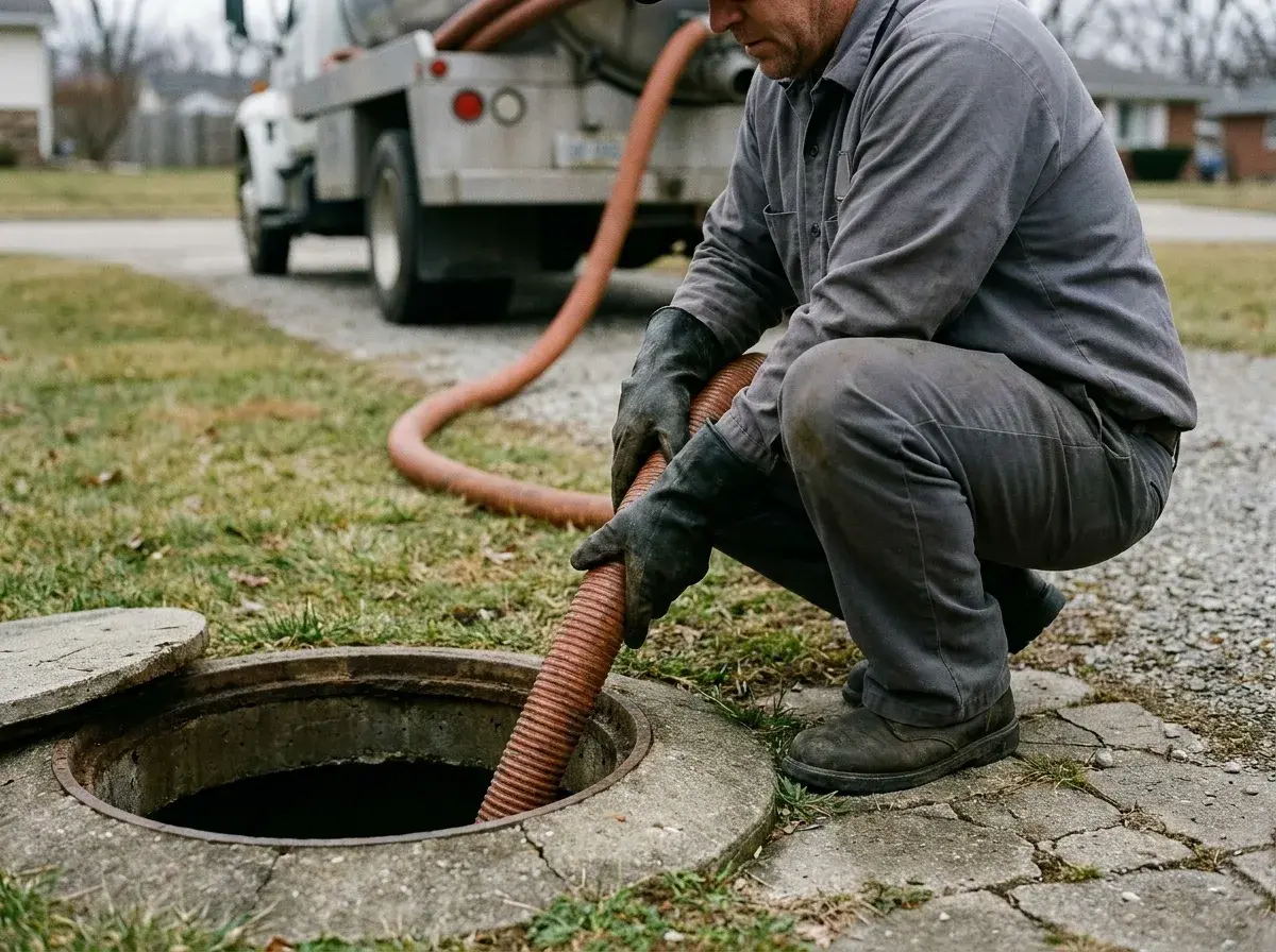A septic technician crouched at an open tank lid, guiding the suction hose in